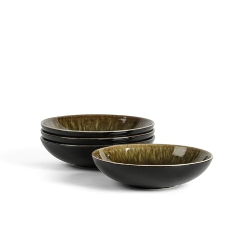 Image of Stone Lain Riley 4-Piece Pasta Bowl Set Stoneware, Bowls, Dishwasher and Microwave Safe, Dish Set for 4, Black and Green