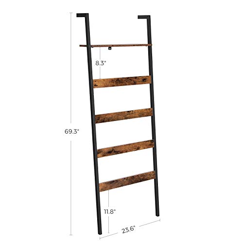 VASAGLE ALINRU Blanket Ladder Shelf, Wall-Leaning Rack with Storage Shelf, Steel Frame, for Blankets, Scarves, Industrial Style, Rustic Brown and Black ULLS012B01