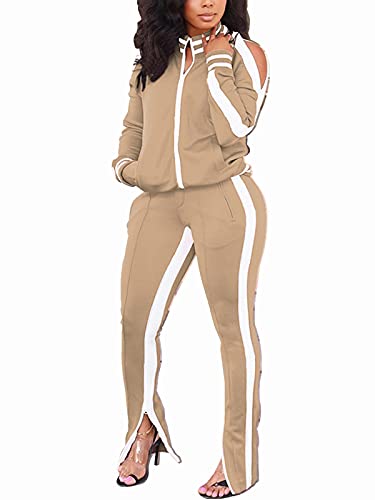 Bornpom Women Sportwear 2 Piece Outfits Leopard Slit Sleeves Jacket Long Pants Tracksuit Set Jumpsuit Romper Clubwear Khaki M