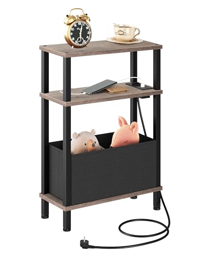 CHOEZON Table d’Appoint étroit à 3 Niveaux, Bout de Canapé avec Station de Charge, Table de Chevet avec tiroir Non-tissé Amovible, pour Chambre, Salon,...
