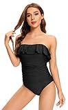 SHEKINI Damen Rüschen Einteiliger Badeanzug Bandeau Volants Bauchweg Bademode Verstellbar Rückenfrei Slim Vintage Strandmode für Frauen(M,Schwarz)