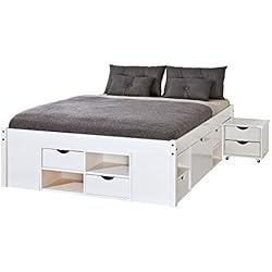 Inter Link Cama Doble de Pino de Madera Maciza Lacado Natural, 140 x 190 cm