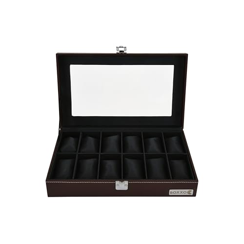 Image of BOXXO 12 Slot Watch Organizer Box for Men & Women - Premium PU Leather Watch Case, Soft Velvet Cushions & Glass Lid Display, Elegant Storage Box - 34x20x8 cm (Brown & Black (Transparent), 12 Slots)