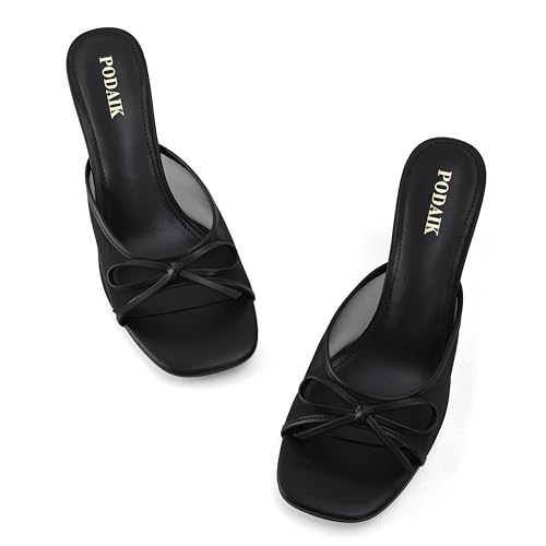 Kitten Heels for Women Slip On Sandals Bow Mules Heeled Sandals Square Open Toe Dress Party Slides4