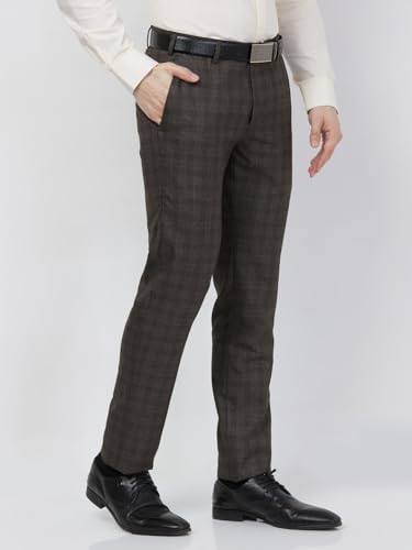 Image of Raymond Men Slim Fit Checks Pattern Poly Viscose Blend Flat Front Formal Trouser