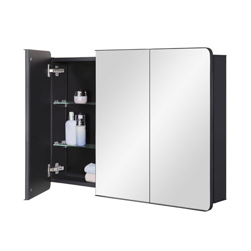 Image of IDYLLOR Bathroom Mirror Medicine Cabinet with Round Corner Framed Door 36 x 26 inch, Black,Recessed or Surface Mount, with Adjustable Glass Shelves