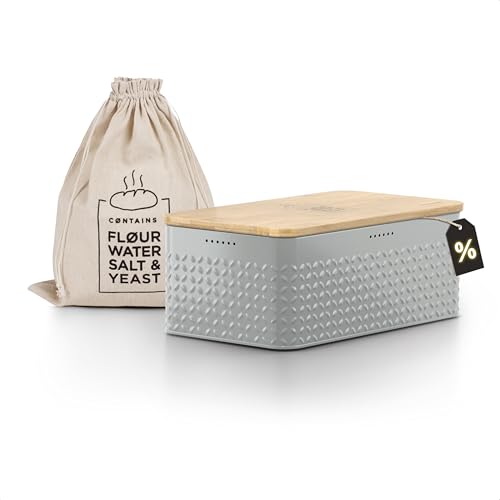 LARS NYSØM Panera I Recipiente para Pan con Bolsa incluida Hecha de Lino I Caja de Pan con Tapa de bambú Adaptable como Tabla de Cortar (Ash Gray)