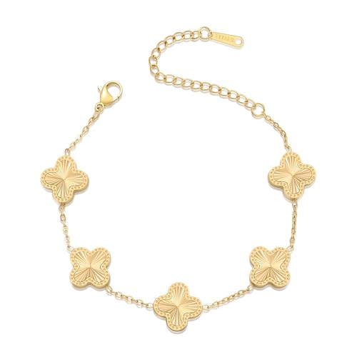 18K Gold Plated Clover Bracelet Dupes Gold Lucky Bracelet for Women Flower Four Leaf Bracelets Danity Jewelry Gifts for Women