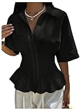 Milumia Women's Collar Button Down Short Sleeve Peplum Blouse Smocked Cinched Waist Top Black Small