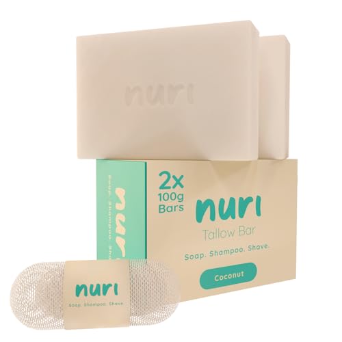 Nuri Tallow Soap 2 x 100G Multipack Coconut Luxury Soap Luxurious Multi-Use Bars for Skin Body Hair & Shaving Nourishing Moisturising & Natural Rich Creamy Lather 100% Toxin-Free