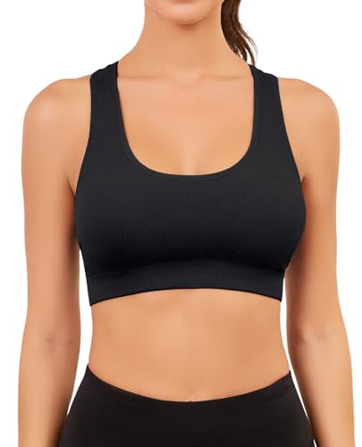 Racerback Sports Bra for Women Seamless Ribbed Yoga Bra Padded Supportive Crop Top for Workout