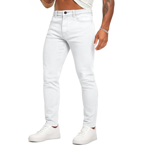 LZLER Skinny Jeans Mens Slim Fit High Stretch Casual Retro Tapered Denim Jeans Pants(White,32)
