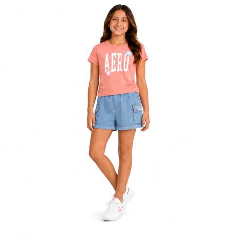 Image of AEROPOSTALE Girls Shorts Set - 2 Piece Soft Short Sleeve Graphic Tees and Twill or Denim Shorts Summer Outfits for Girls