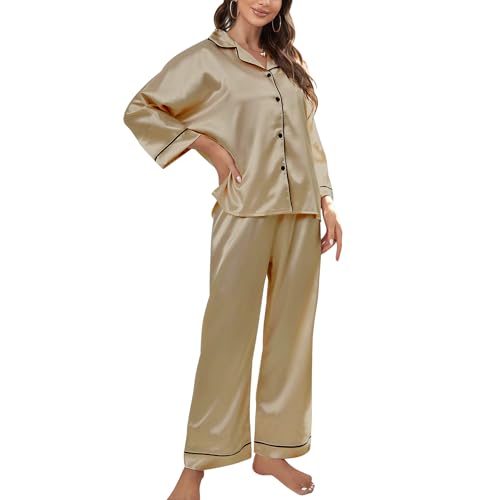 ACWOO Satin Damen Schlafanzug, Langarm Schlafanzüge Set, Satin-Pyjama-Set für Womens Schlafanzüge Button-Down Oberteil + Hose, Zweiteiliger...