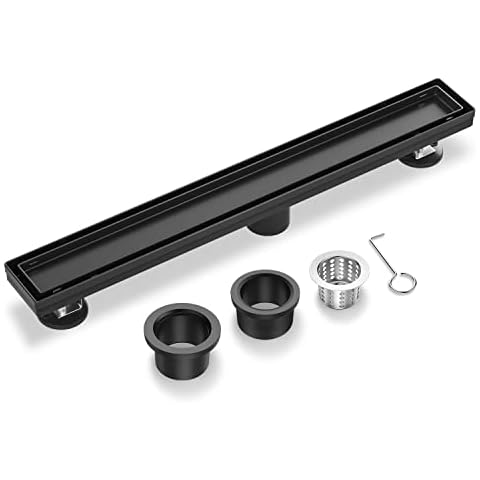 EXF Linear Shower Drain 12 Inch Matte Black with Reversible Flat & Tile Insert Cover, Stainless Steel Rectangle Shower Floor Drain with Hair Catcher, Adjustable Feet Cover