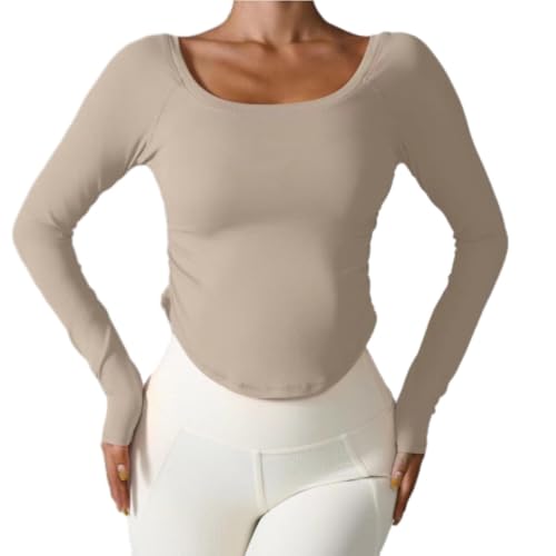 ZERAOKE Women’S Slim Fit Long Sleeve Low Neck Athletic Top,Casual Workout Shirt for Running Gym Yoga Fitness Dance Pilates-Khaki-L