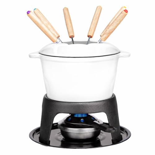 Mabeeze Gusseisen-Fondue-Topf-Set für Käse, Schokolade oder Fleisch, weiß emailliert, 1,6 l Topf, inklusive 6 Fonduegabeln