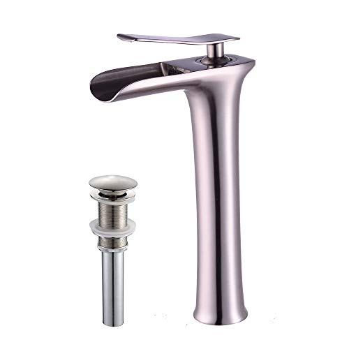 Best Deal 🛒 Wovier Brushed Nickel Waterfall Bathroom Sink Faucet with Supply Hose,Single Handle Single Hole Vessel Lavatory Faucet,Basin Mixer Tap Tall Body Commercial