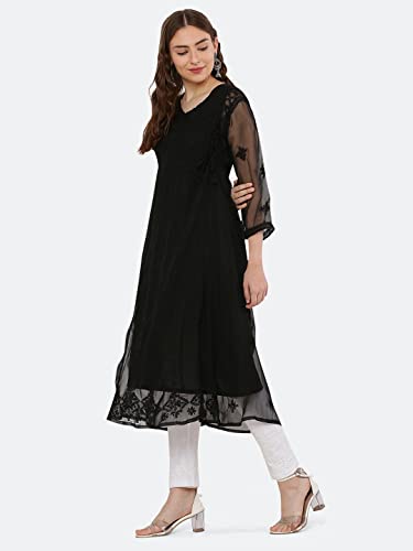 Image of FAWOMENT Ethnic Designer Angarkha A-Line Georgette Kurta with Exclusive Hand Embroidered Lucknowi Chikankari for Women