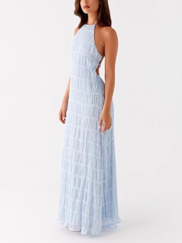 Image of Women Summer Halter Neck Maxi Dress Flowy Ruffle Tiered Sleeveless Sundress Boho Backless Spaghetti Strap Long Dress