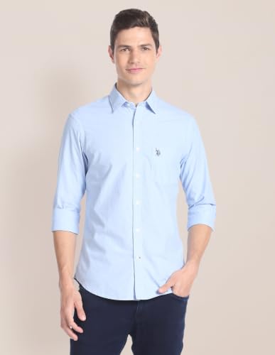 Image of U.S. POLO ASSN. Men's Blue Solid Spread Collar Collared Neck Full Sleeve Casual Cotton Regular Fit Shirt