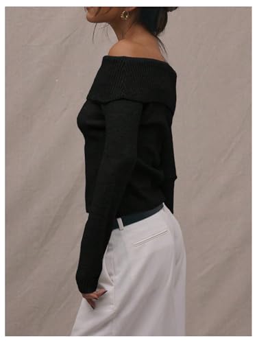 Women's Y2k Off The Shoulder Sweaters Fold Over Long Sleeve Knit Jumper Fitted Pullover Tops2
