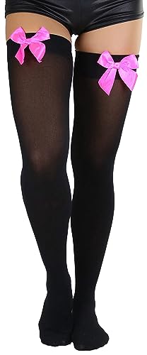 Image of ToBeInStyle Women's Opaque Long Thigh High Stockings w /Decorative Front Satin Bow