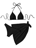 SHENHE Women's 3 Piece Textured High Cut Halter Triangle Bikini Swimsuit with Cover Up Black Plain M