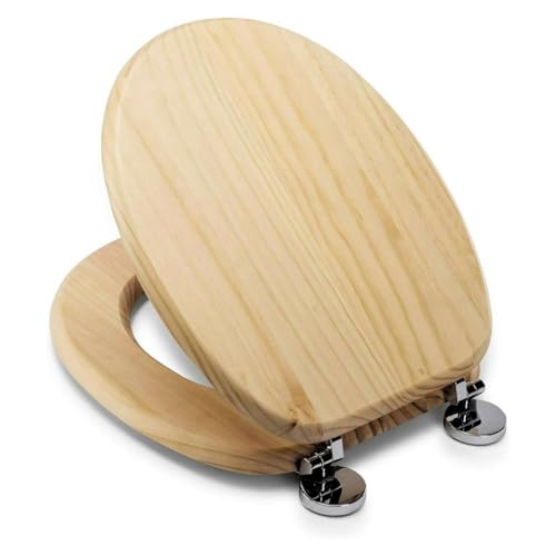 ADEPTNA Luxury Durable 18 Toilet Seat - Adjustable to Fit Most Toilets Oval Seat Hinges and Parts Bathroom Wooden MDF Toilet Seat - Easy to Clean and Install (Pine Effect)