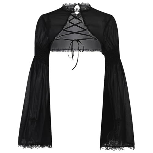 Image of Women Gothic Crop Top Shirt Y2K Black Bell Sleeve Shawl Cardigan
