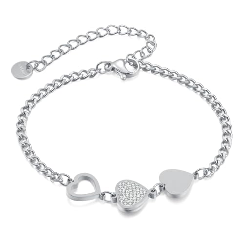 Image of Fashion Stainless Steel Cubic Zirconia Hearts Charm Link Chain Bracelet(White)