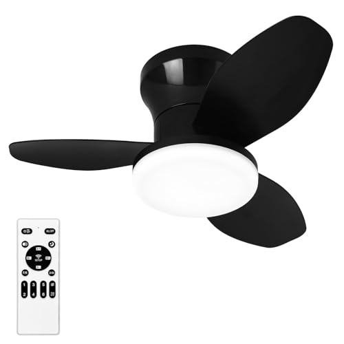 Glowall Small Ceiling Fan with Lights, 25' Flush Mount with Remote Control, Reversible Quiet DC Motor, Black, 3 Blades, 6 Speeds, Dimmable LED, Adjustable Color Temperature, Timer