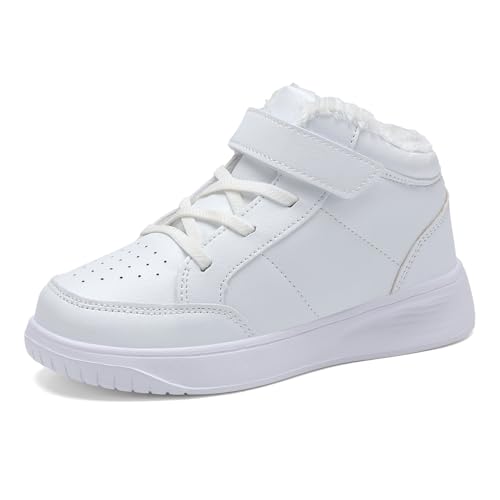 RTOUNT Kid White Winter Boots Boys Snow High Top School Tennis Shoes for Girls Running Adjustable Strap Boots Size 13