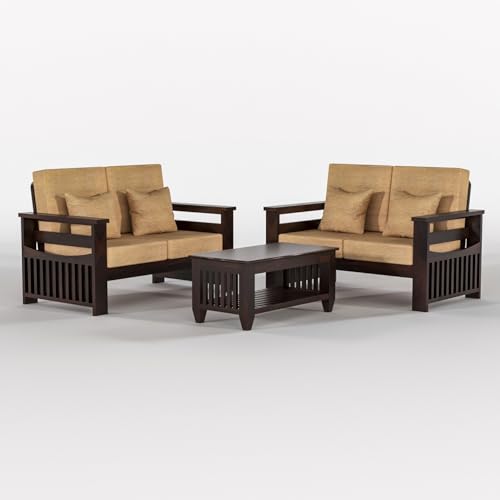 Image of Sheesham Wooden 4 Seater Sofa for Living Room | Rosewood 4 Seater Cushion Sofa Side Half Moon Rack | Solid Wood Sofa Set for Lounge (-2+2,Walnut)