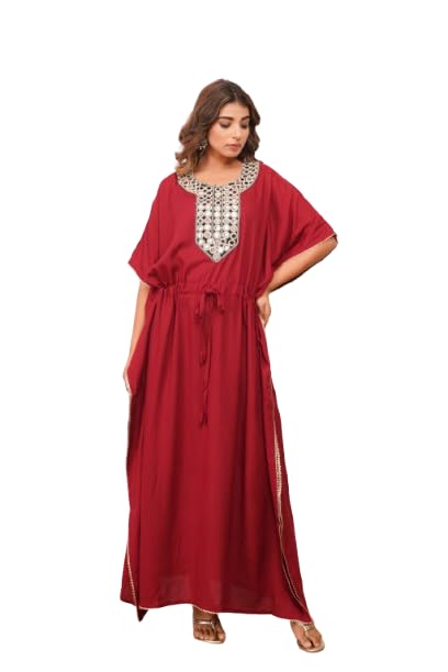 Mirror Embellished Drawstring Kaftan with Side Slit Women Long Kaftan..(Maroon)-picture-28