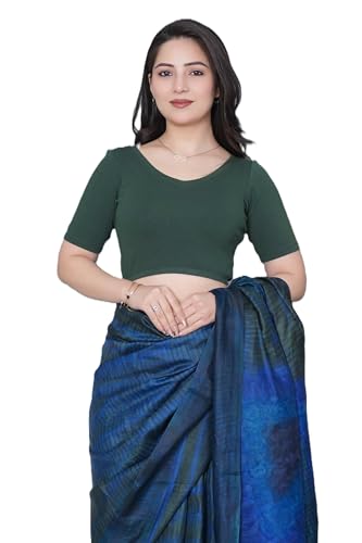 Image of Mlada V-Neck Stretchable Saree Blouse Top for Women | Slim Fit Short Sleeves Solid Cotton Blouses | Readymade Saree Blouses for Women Festive & Ethnic | Blouse Crop Top
