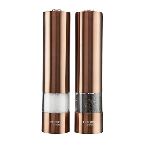 Cooks Professional Electric Salt and Pepper Mill Set | Battery Operated Automatic Grinders with Adjustable Course & Fine Grinding & One Touch Operation | Condiment Seasoning Grinder | Copper