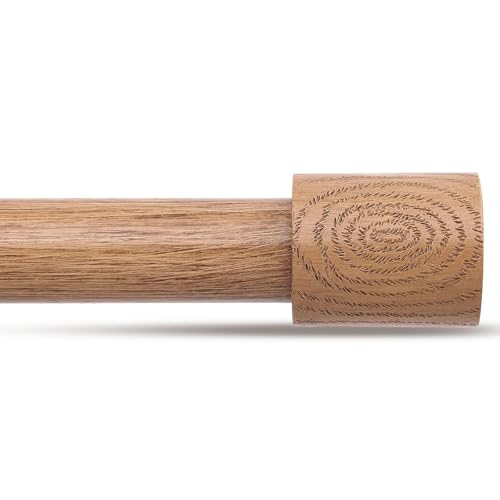 Wood Curtain Rods, 1'' Decorative Adjustable Rustic Farmhouse Drapery Rod, Heavy Duty Boho Curtain Pole for Windows 48 to 84 Inch with Imitation Wooden Grain Finials, (Light Wood/Unique Design)