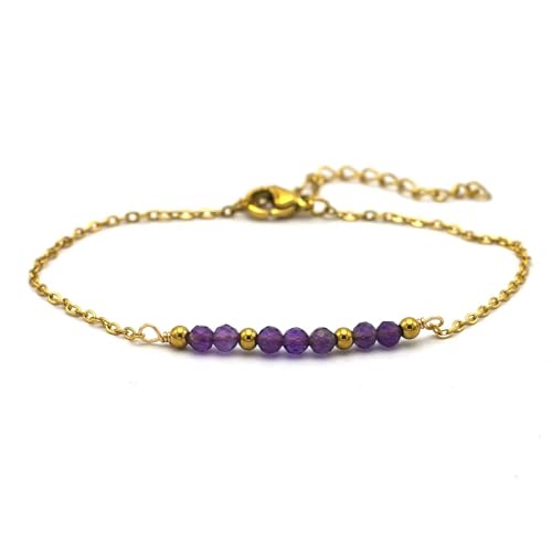 Miracles Minéraux Bracelet en acier inoxydable plaqué Or avec des pierres naturelles| Bijou Élégant| fait main en France | lithothérapie | bien être (Saki2 pierre de février | Améthyste)