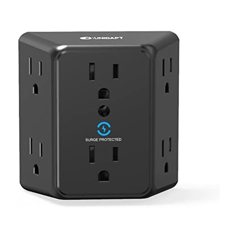 Multi Plug 6 Outlet Extender, Unidapt Black Surge Protector Wall Splitter, 1800J Power Strip 3 Side Wide Spaced Adapter Multiple Charger Expander, Mountable Wall Tap for Office Home Travel ETL Listed Cover