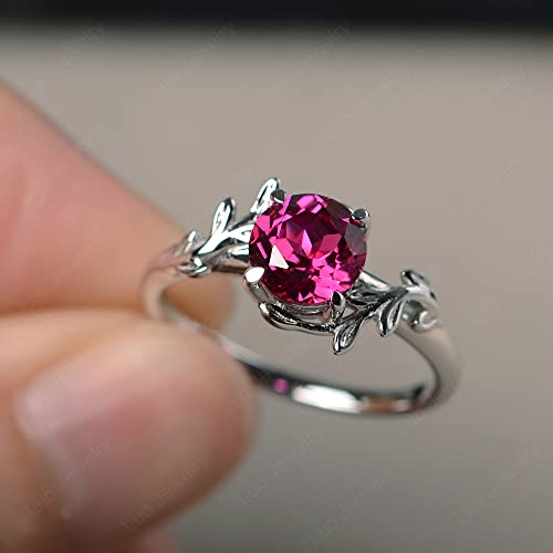 LUO 925 Sterling Silver Rings 7MM Round Shaped Gemstone Engagement Rings with Leaf Design Promise Rings for Her Birthday Christmas Valentine's Day Jewelry Size 3-132