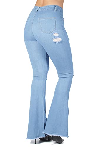 Fashion2Love Women Junior Bell Bottom Ripped Distress High Waist Flared Stretch Jeans (HY338)2