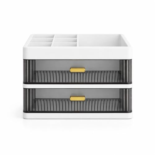 Image of HoopVool Desk Makeup Organizer, Plastic Storage Box with Sliding Drawer, Stylish Display Case for Cosmetics, Lotion, Nail Polish,Brushes,and Jewelry (2 - Layer, White)