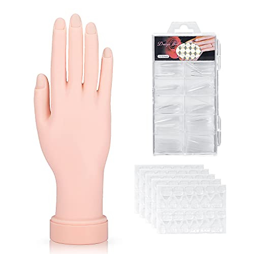 Nail Art Practice Hand, Acrylic Nail Training Hand Flexible Fake Hand Bendable Mannequin Hand with 100 PCS False Nail Tips, 120 PCS Nail Glue Stickers (Right)