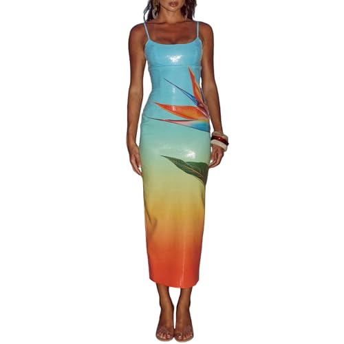 Image of Owl's-Yard Women Sexy Maxi Dress Y2K Spaghetti Strap Floral Print Low Cut Backless Slim Fit Sequins Long Cocktail Dress