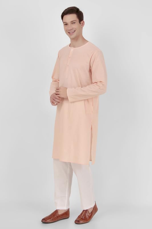 Mens Indian Casual Cotton Kurta Pajama Set - Pink - Crew Neck2