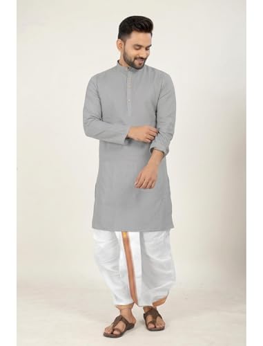 Image of UNIQUE MOMENTS Men's Cotton Dhoti Kurta Set with Full Sleeves Solid Pattern Modern Style and Mandarin Collar Neck | Perfect for Puja & Celebrations