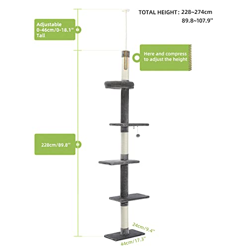 PAWZ Road Cat Tree 5-Tier Floor to Ceiling Cat Tower Height Adjustable, Tall Kitty Climbing Activity Center with Scratching Post, Cozy Bed, Dangling Ball for Indoor Cats/Kitten Beige