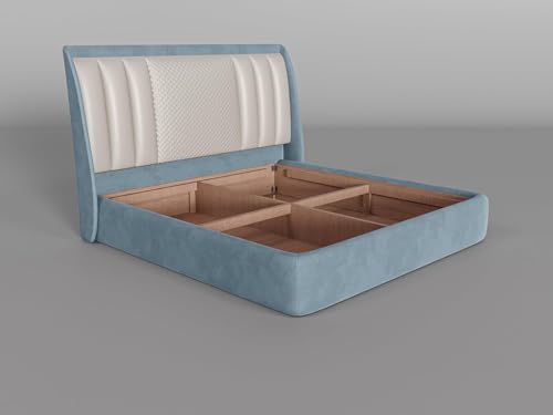 Image of Modern Upholstered Queen Size Bed with Box Storage for Bedroom | Wooden Double Bed with Storage | Platform Cot with Upholstery Premium Fabric | 6.5 x 5 Ft, Sheesham Wood (Light Blue)