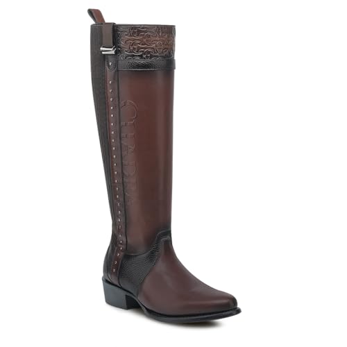CUADRA Women’s High Boot in Bovine Leather with Studs and Decorative Strap Brown 4X01RS